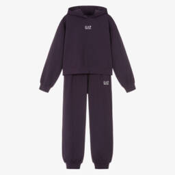 Girls Plum Purple Cotton Hooded Tracksuit with Glittery Logo