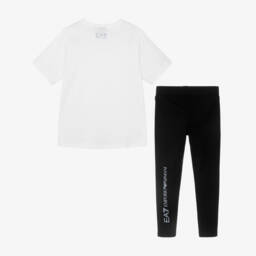 EA7 Emporio Armani-Girls White & Black Cotton Leggings Set with EA7 Logo | Childrensalon
