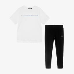 EA7 Emporio Armani-Girls White & Black Cotton Leggings Set with EA7 Logo | Childrensalon
