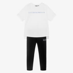 EA7 Emporio Armani-Girls White & Black Cotton Leggings Set with EA7 Logo | Childrensalon