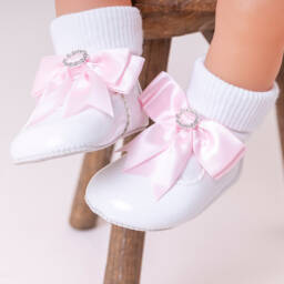 Early Days-Baby Girls White Patent Pre-Walker Shoes with Pink Bow | Childrensalon