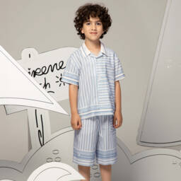 Boys Blue & Ivory Stripe Nautical Print Shorts
