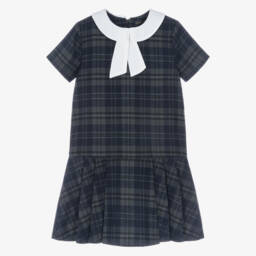 Girls Grey & Blue Check Dress with White Collar