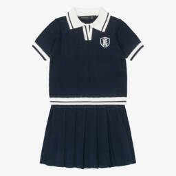 Girls Navy Blue Knitted & Pleated Skirt Set