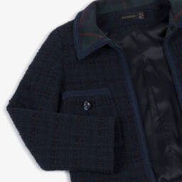EIRENE-Girls Navy Blue Tweed Blazer with Tartan Collar | Childrensalon