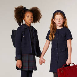 EIRENE-Girls Navy Blue Tweed Blazer with Tartan Collar | Childrensalon