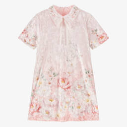 EIRENE-Girls Pale Pink Velour Floral Print Dress | Childrensalon
