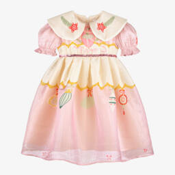 EIRENE-Girls Pink Organza Festive Ballerina Print Dress | Childrensalon