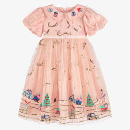 EIRENE-Girls Pink Tulle Dress with Festive Embroidery | Childrensalon