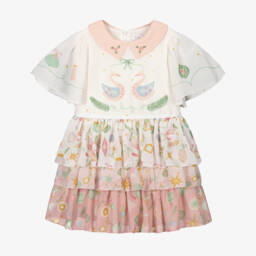 EIRENE-Girls Pink & White Chiffon Festive Swan Print Dress | Childrensalon