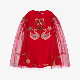 EIRENE-Girls Red Embroidered Christmas Cape Dress | Childrensalon