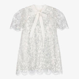 EIRENE-Girls White Sequin Dress with Bow | Childrensalon