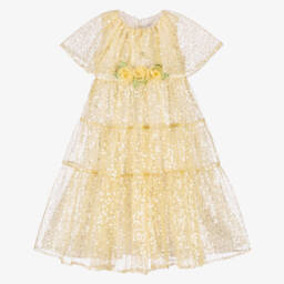 EIRENE-Girls Yellow Sequinned Tulle Dress | Childrensalon