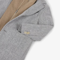 Eleventy-Boys Grey Herringbone Wool Coat with Beige Layering Detail | Childrensalon