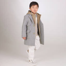 Eleventy-Boys Grey Herringbone Wool Coat with Beige Layering Detail | Childrensalon