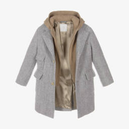 Eleventy-Boys Grey Herringbone Wool Coat with Beige Layering Detail | Childrensalon