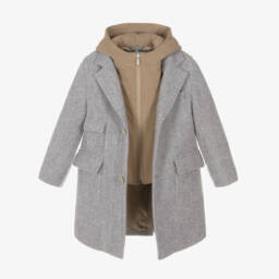 Eleventy-Boys Grey Herringbone Wool Coat with Beige Layering Detail | Childrensalon