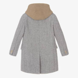 Eleventy-Boys Grey Herringbone Wool Coat with Beige Layering Detail | Childrensalon