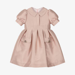 Elie Saab-Girls Pink Satin Puff Sleeve Dress with Gold Logo Detailing | Childrensalon