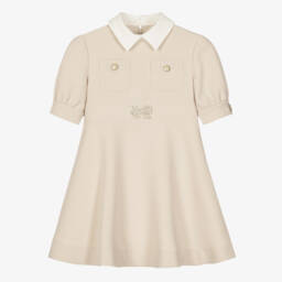 Girls Beige Collared Crêpe Dress with Sparkly Bow
