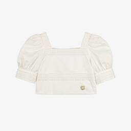 Girls White Cotton Pom-Pom Lace Puff Sleeve Blouse