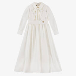 Elie Saab-Girls White Crêpe Embroidered Logo Dress with Bow | Childrensalon