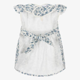 Elodie-Girls Ivory & Blue Garden Leo Toile Print Apron Bib | Childrensalon