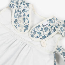 Elodie-Girls Ivory & Blue Garden Leo Toile Print Apron Bib | Childrensalon