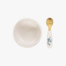 Elodie-Ivory & Blue Leopard Print Feeding Bowl & Spoon Set | Childrensalon