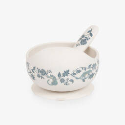 Elodie-Ivory & Blue Leopard Print Feeding Bowl & Spoon Set | Childrensalon