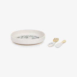 Elodie-Ivory & Blue Plate & Cutlery Set with Floral Leopard Pattern | Childrensalon