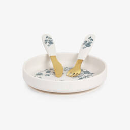 Кремово-синий набор тарелки и приборов с цветочным узором