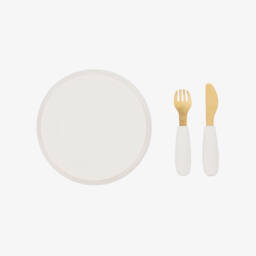 Elodie-Ivory & Blue Plate & Cutlery Set with Floral Leopard Pattern | Childrensalon