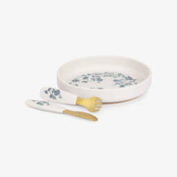 Elodie-Ivory & Blue Plate & Cutlery Set with Floral Leopard Pattern | Childrensalon