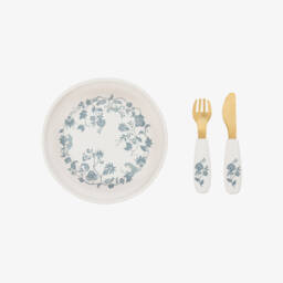 Elodie-Ivory & Blue Plate & Cutlery Set with Floral Leopard Pattern | Childrensalon