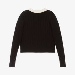 Elsy-Girls Black & Ivory Cable Knit Polo Jumper | Childrensalon
