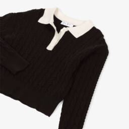 Elsy-Girls Black & Ivory Cable Knit Polo Jumper | Childrensalon