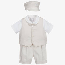 Emile et Rose-Baby Boys Beige Linen & Cotton Shorts Set | Childrensalon