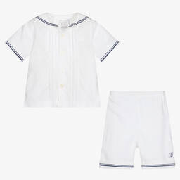 Emile et Rose-طقم شورت قطن وكتان لون أبيض للمواليد | Childrensalon