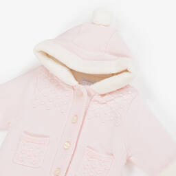 Emile et Rose-Baby Girls Pale Pink Cotton Knit Hooded Pramsuit | Childrensalon