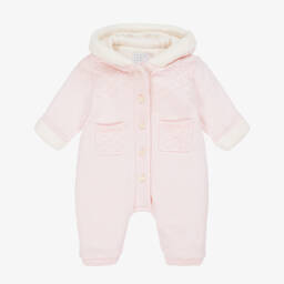 Emile et Rose-Baby Girls Pale Pink Cotton Knit Hooded Pramsuit | Childrensalon