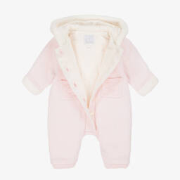 Emile et Rose-Baby Girls Pale Pink Cotton Knit Hooded Pramsuit | Childrensalon