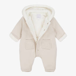 Emile et Rose-Beige Cotton Knit Hooded Pramsuit | Childrensalon