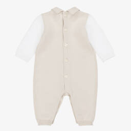 Emile et Rose-Beige & Ivory Cotton Knit Collared Romper | Childrensalon