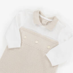 Emile et Rose-Beige & Ivory Cotton Knit Collared Romper | Childrensalon