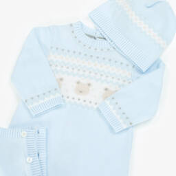 Emile et Rose-Boys Pale Blue Cotton Knit Teddy Bear Babysuit Set | Childrensalon
