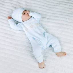 Emile et Rose-Boys Pale Blue Cotton Knit Teddy Bear Babysuit Set | Childrensalon