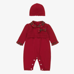 Emile et Rose-Girls Red Cotton Knit Babysuit Set with Tartan Trims | Childrensalon