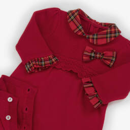 Emile et Rose-Girls Red Cotton Knit Babysuit Set with Tartan Trims | Childrensalon