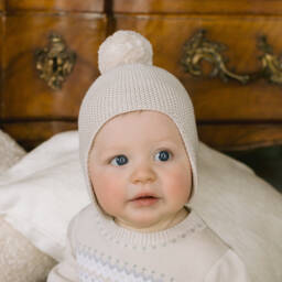 Emile et Rose-Pale Beige Knitted Cotton Pom-Pom Hat | Childrensalon
